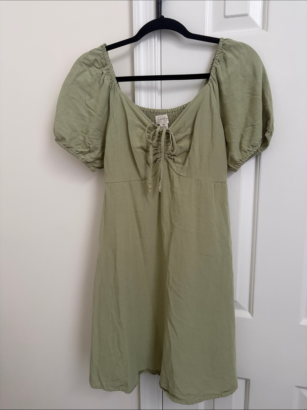 Jessica Simpson Olive Green Puff-Sleeve Mini Dress with Front Tie